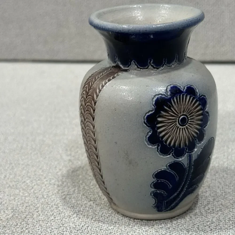 VTG German Cobalt Blue Salt Glaze Folk Cottagecore‎ Pottery Floral Vase Numbered